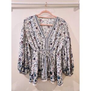MAXSTUDIO Floral Blouse Tie Waist Balloon Sleeve V Neck Boho Rayon‎ Top